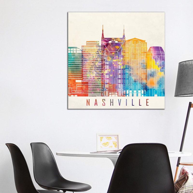 Nashville Landmarks Watercolour 1 Piece Wrapped Canvas Painting, 93.98cm H x 93.98cm W x 1.91cm D