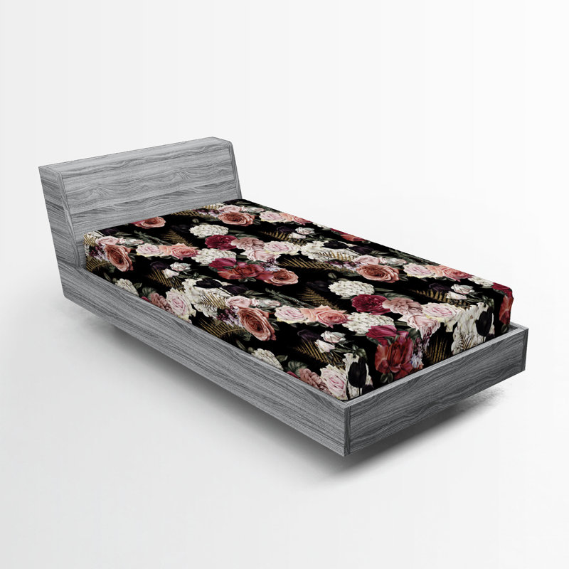Drap-housse à motif floral Ambesonne, Drap-housse simple TG, Noir / rose / motif floral blanc