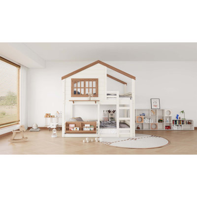 Lit superposé double / lit mezzanine double avec bibliothèque, style maison, clôture de sécurité de haute qualité, beige 