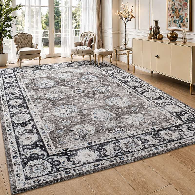 Traditional Damask Cashmere-Feel Area Rug & Runner, Non-Slip Washable Living Room Carpet, Rectangle 40 x 60 cm