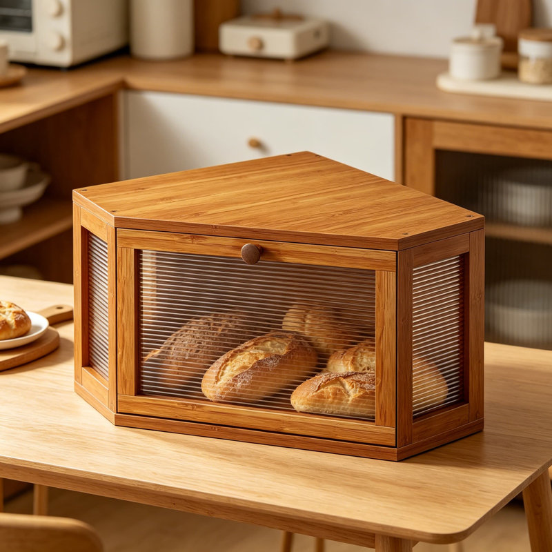 Boîte à pain de coin en bambou pour comptoir de cuisine, grand récipient de rangement de pain de ferme avec porte ondulée en acrylique, organisateur multifonctionnel pour le pain, les fruits et les produits de boulangerie