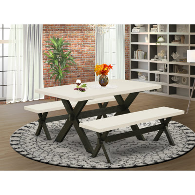L'ensemble de table de salle à manger 3 pièces comprend une table de cuisine rectangulaire avec pieds en X et 2 bancs de salle à manger, finition noire brossée