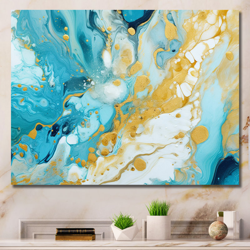 Turquoise luxueux, art fluide abstrait sur toile, Toile tendue, H 12 po x l 20 po x P 1 po