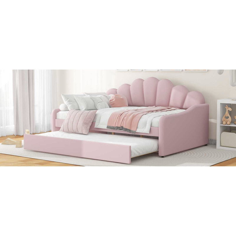 Lit de jour rembourré rose avec couchette - Velours confortable, structure stable et pratique, Rose