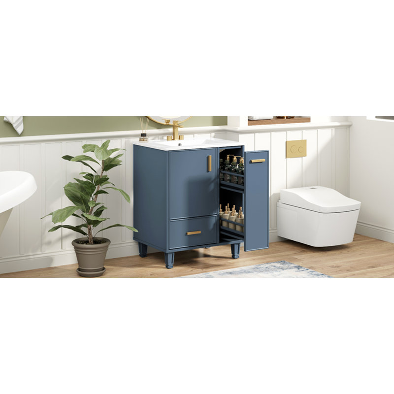 Meuble-lavabo 24 po avec lavabo, armoire de salle de bain avec tablette de porte, tiroir profond, panier coulissant à 2 niveaux, structure en bois massif et panneau de fibres à densité moyenne, un paquet, bleu gris