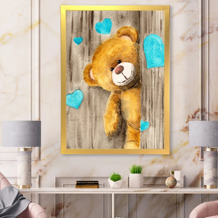 Cute Brown Teddy Bear With Blue Hearts Framed On Canvas Print