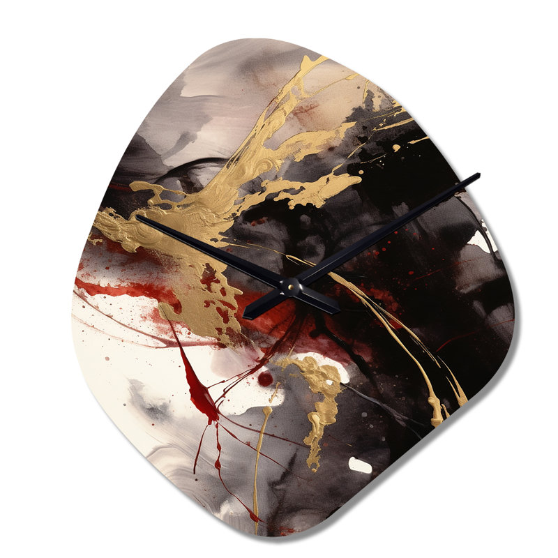 Gold And Red Fluid Fusion II - Nebula Shape Decorative Gold Abstract Wall Clock, Small