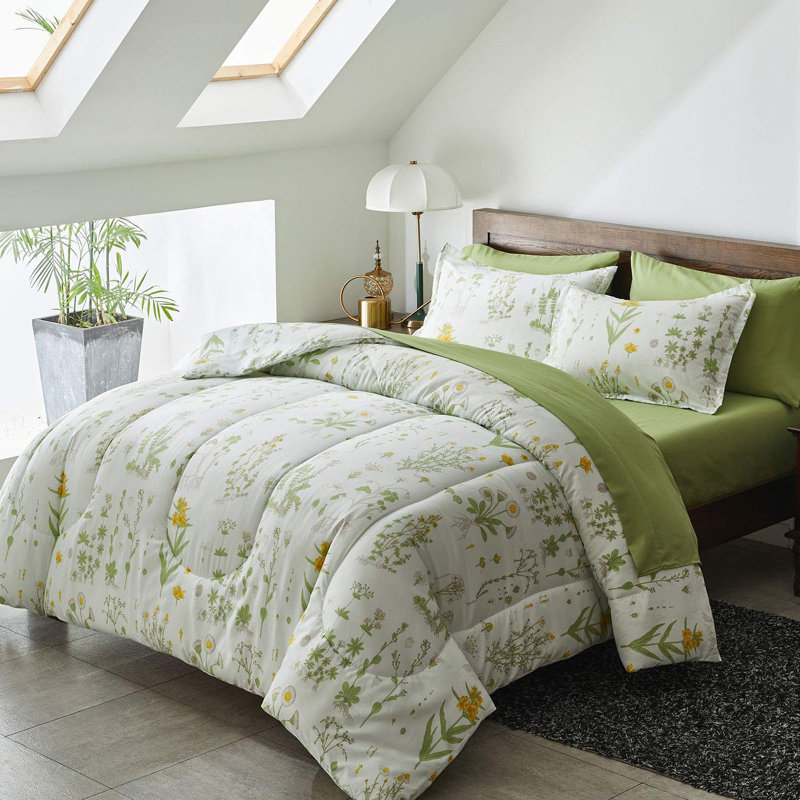 Green and Gold Botanical Microfiber Queen Bed in a Bag Set