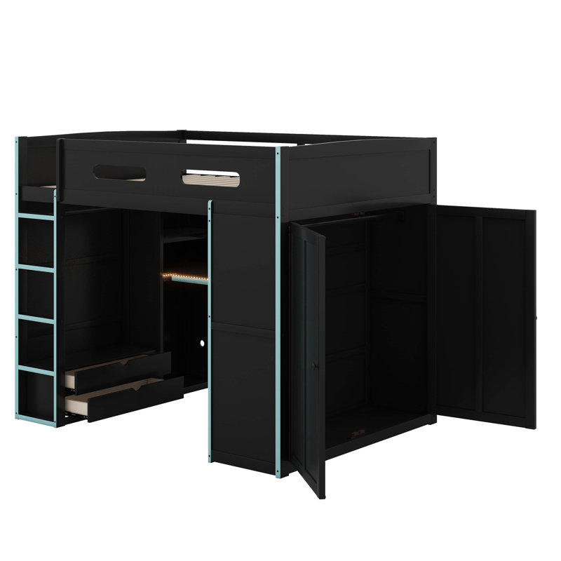Full Size Wood Loft Bed With Desk,Wardrobe And RGB LED Light, Cloud Blue