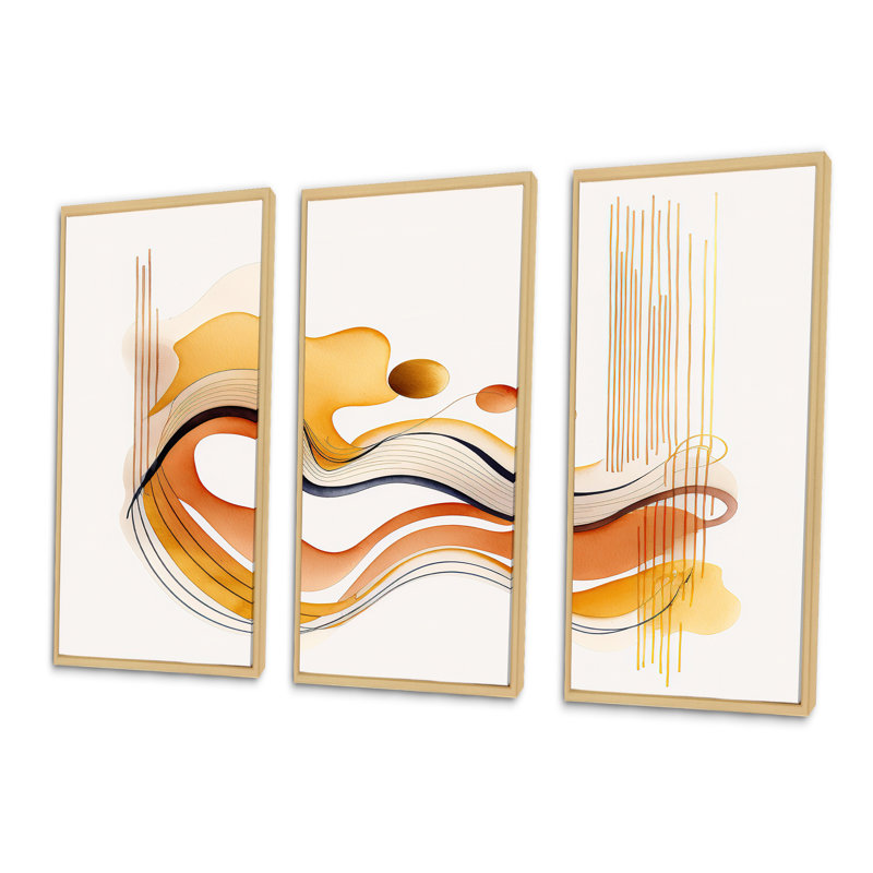 Dhatri " Burnt Orange Waves Abstract III " 3 - Pieces, 28" H x 36" W x 1" D, Brown Framed
