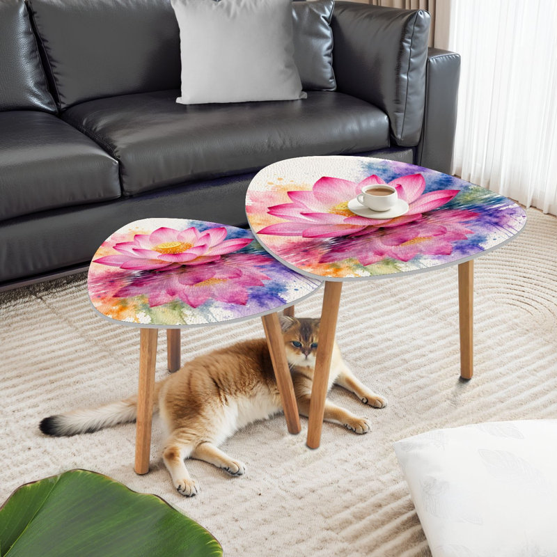 Ensemble de 2 tables basses gigognes en forme de triangle, lotus roses, fleurs rétro, aquarelle, peinture florale douce, table de bout, table d'appoint minimaliste moderne pour salon, chambre à coucher