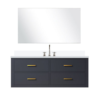 Meuble-lavabo simple bleu 48 po L 22 po x P 22 po, comptoir en quartz, 43 miroir et meuble-lavabo, blanc inclus