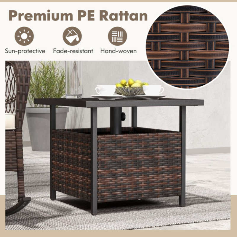 22 in. W Square  Brown Outdoor All-Weather Patio Rattan Wicker Side Table with Steel Tabletop, Brown