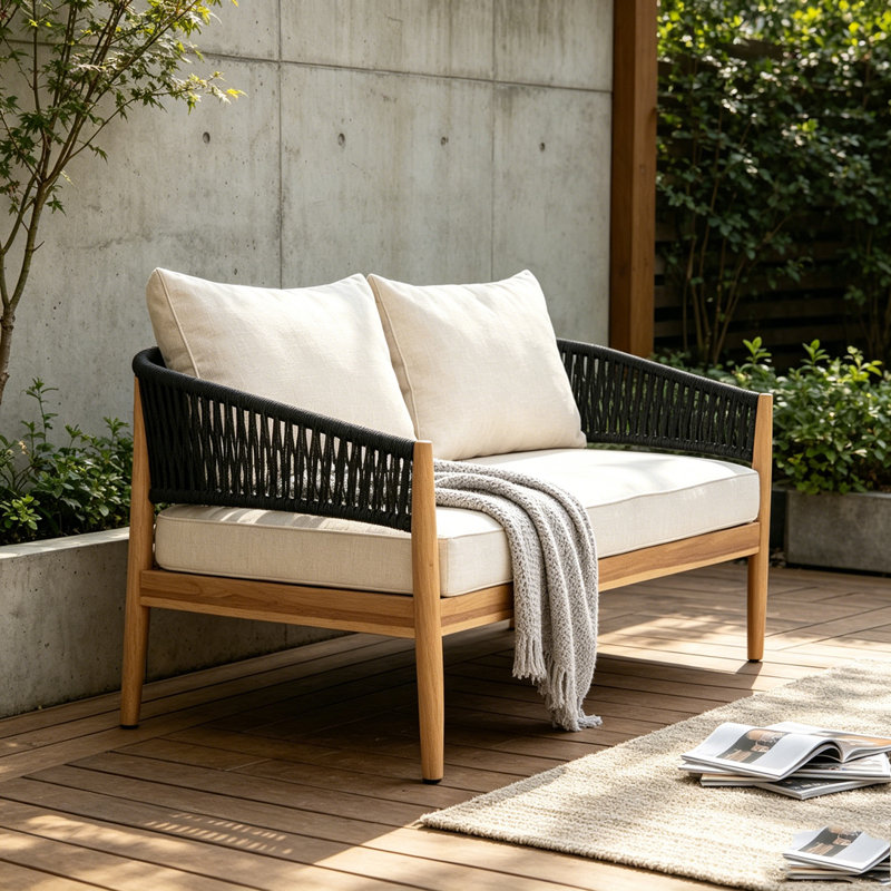 Outdoor Patio Acacia Wood Loveseat, Black,Natural