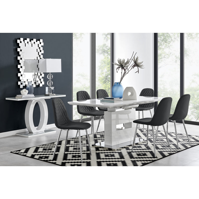 Areza High Gloss Extendable Dining Table Set with 6 Luxury Faux Leather Dining Chairs, Black/Silver