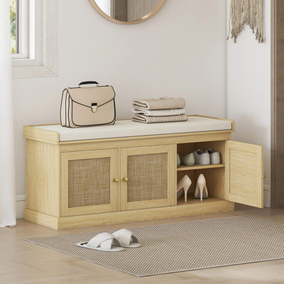 Shoe Storage Bench with Woven Rattan, Shoe Bench with Cushion, Adjustable Shelves, Entryway Bench for Bedroom, Living Room