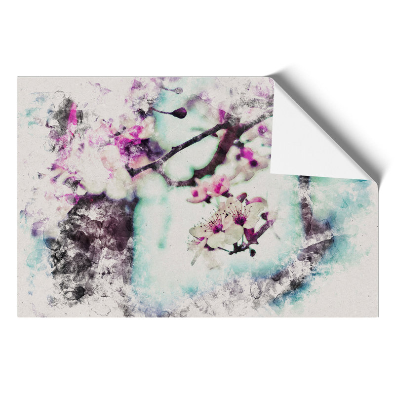 Pink Cherry Blossom Flowers Watercolour - Frameless Print, 59cm H x 84cm W x 0.1cm D