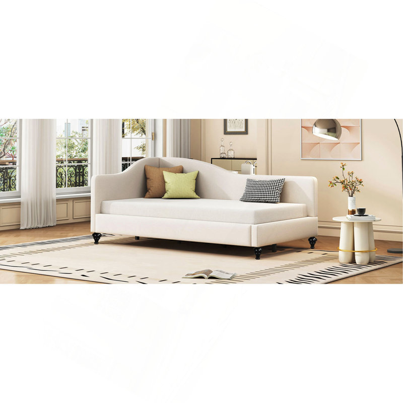 Twin Size L-Shaped Linen Daybed, With Solid Wood Legs, Twin, Beige
