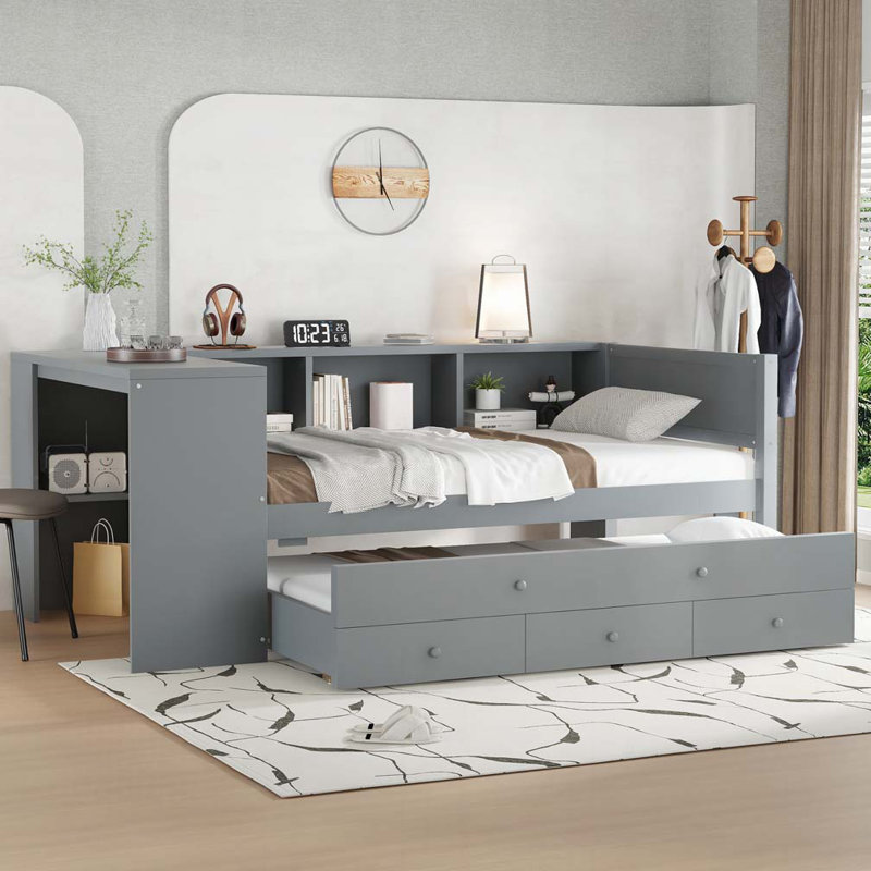 Wood Daybed with Trundle,Storage Drawers and Side Shelves, Twin, Gray