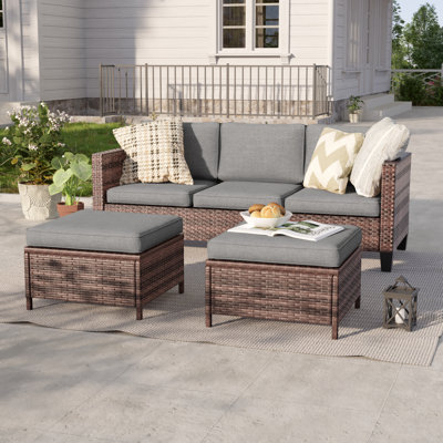 3-Set Outdoor Brown PE Wicker Furniture Wide Seat Conversation Couch Set Extra Ottomans Design for Lawn, Patio and Porch