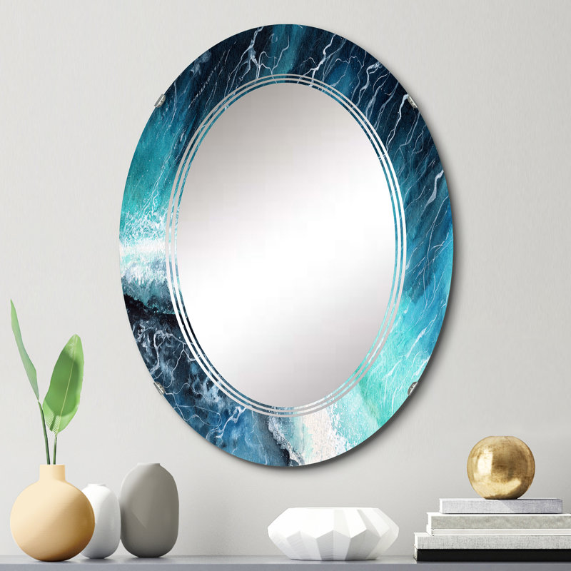 Miroir mural bleu marine, vagues nautiques et côtières - vagues bleu marine avec écume de mer blanche I, 30 po x 20 po