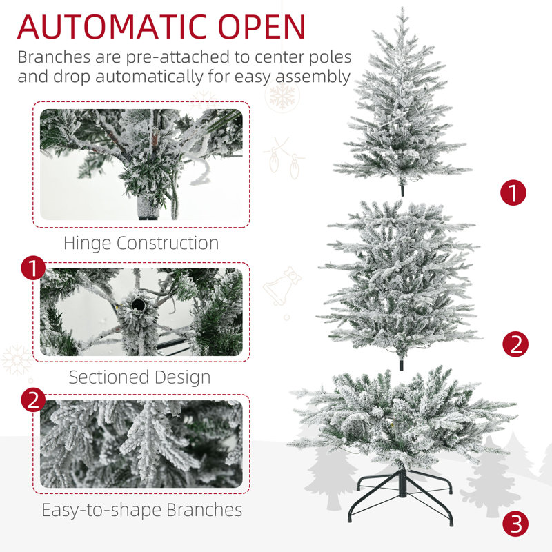 Arbre de Noël artificiel enneigé 6 pi avec 250 lumières chaudes, ouverture automatique et ampoule supplémentaire HOMcom