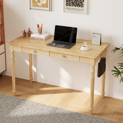 48 Inch Mid Century Modern Desk - Rubber Wood Desk With Drawers, Mid Century Desks For Bedroom, Living Room & Office, Natural Boho Desks by Eostbe