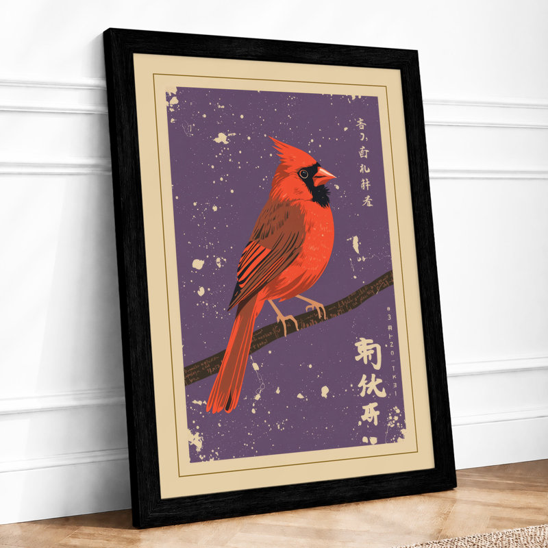 Cardinal at Night Japandi - Framed Print, A1 - 84.1 x 59.4 cm, Black