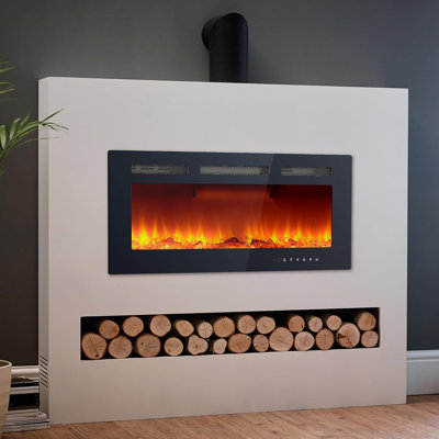 Foyer électrique mural 36 "avec fer et verre trempé, flamme 12 couleurs, télécommande et contrôle tactile, minuterie, bûche et affichage à cristaux, 750W / 1500W