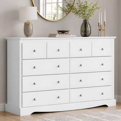Commode 9 tiroirs de 63 po de largeur pour la chambre à coucher, grande commode en bois blanche avec poignée en métal robuste, commode meuble télé moderne pour bureau de salon, couloir, glissière à roulement à billes