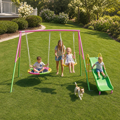 Portique en métal robuste avec glissière pour cour arrière, structure en A de 57 po, rose