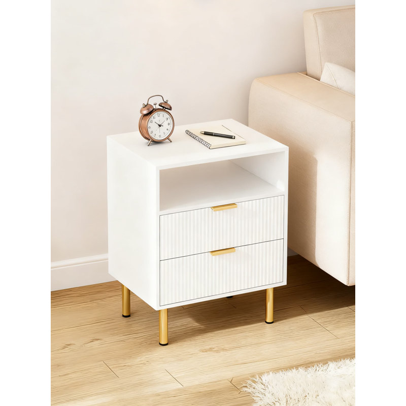 Table de chevet moderne avec 3 tiroirs et tablette, table de chevet haute avec structure en métal doré, table d'appoint de rangement pour la chambre à coucher et le salon