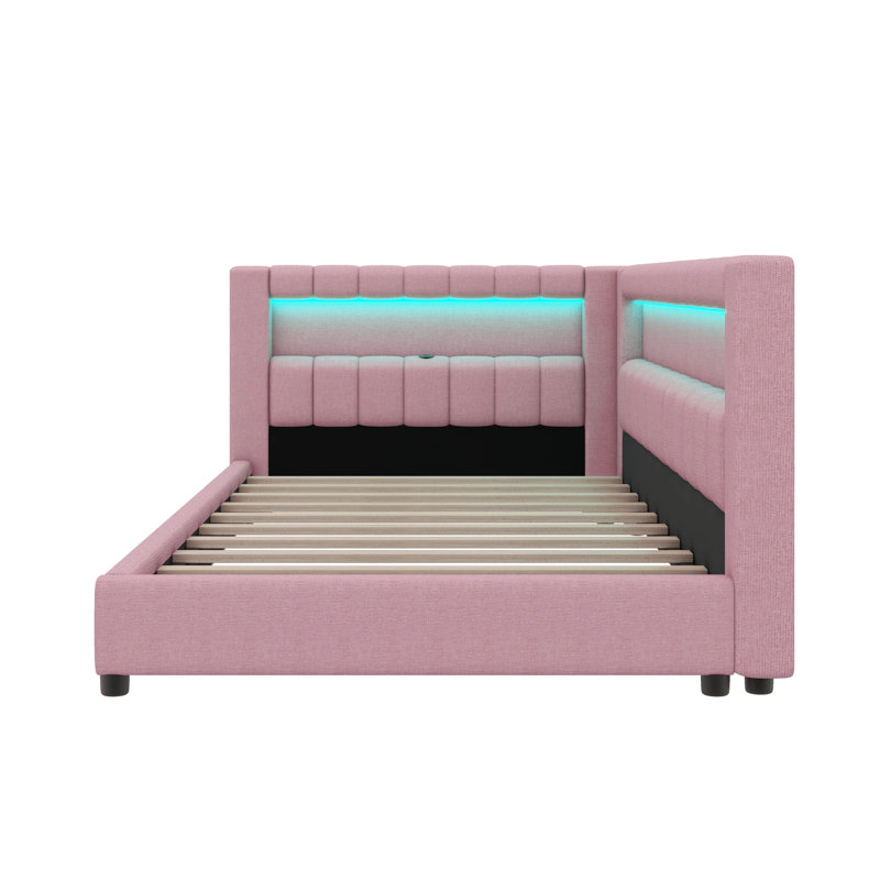 Twin XL Size Upholstered Daybed With Built-In Storage, L-Shaped Design With LED Strip And USB Ports, Linen Fabric Bed Frame