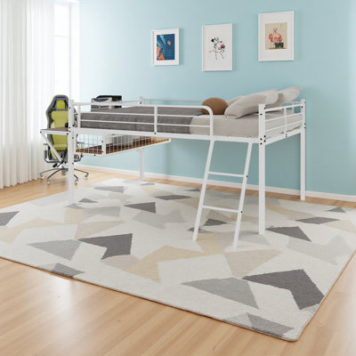 FULL Size Metal Loft Bed With Built-In Desk & LED Light Strip, Loft Bed Frame With Safety Guardrails, Inclined Ladder & Under-Bed Storage Space