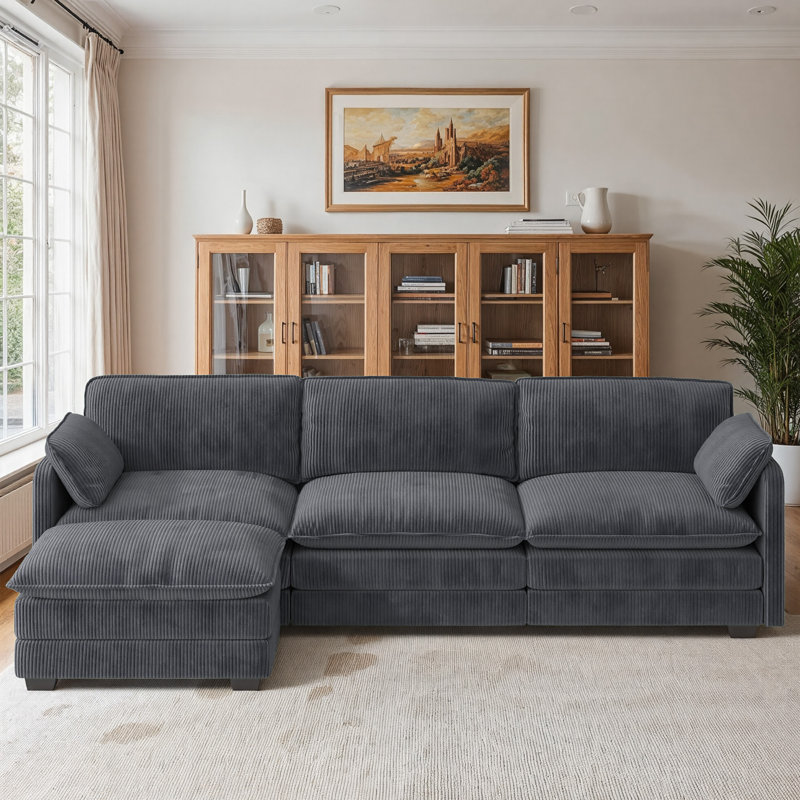 Canapé-lit modulable Cloud de 280 cm avec poufs combinables à volonté, en velours côtelé à motif de mèches de lanterne, pour un salon moderne.
