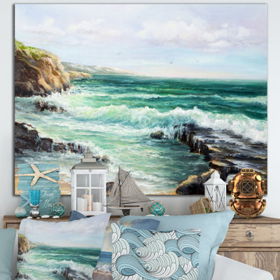 Falaise surplombant les vagues sauvages de l'océan - reproduction d'art sur toile