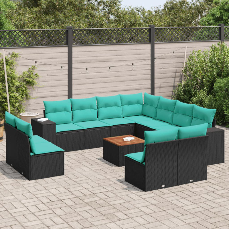 Ensemble de canapé de patio 12 pièces avec coussins en rotin de polyester, Bleu clair, Noir