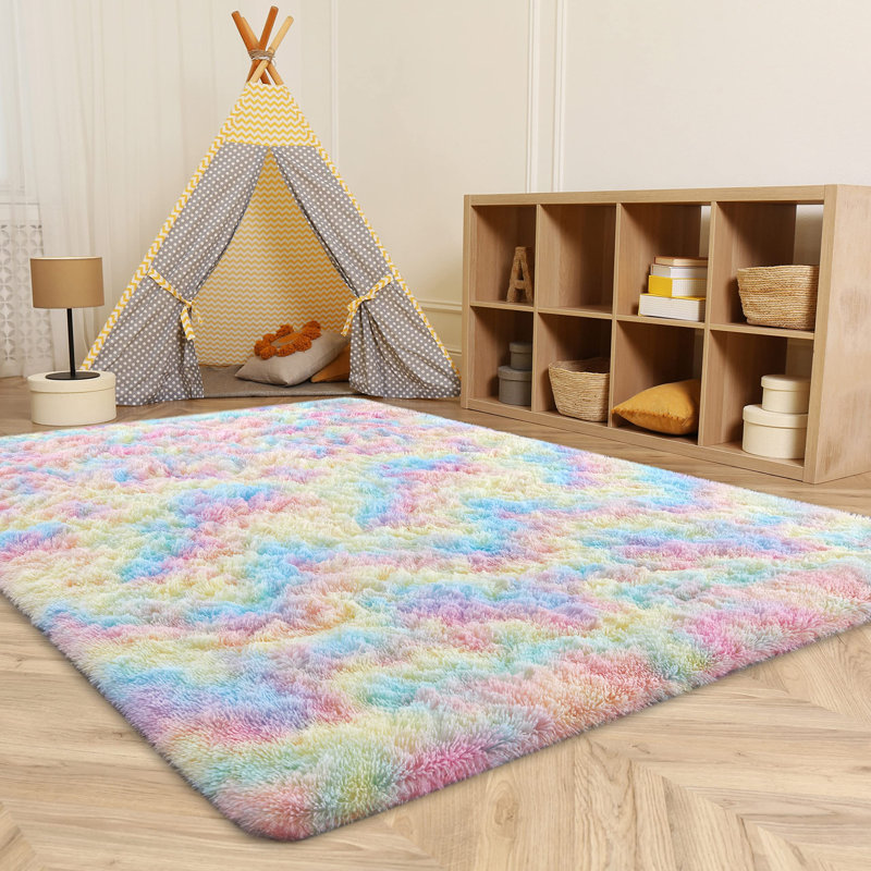 Tapis rose à poils longs fait à la main, Rectangle 4 pi x 6,5 pi