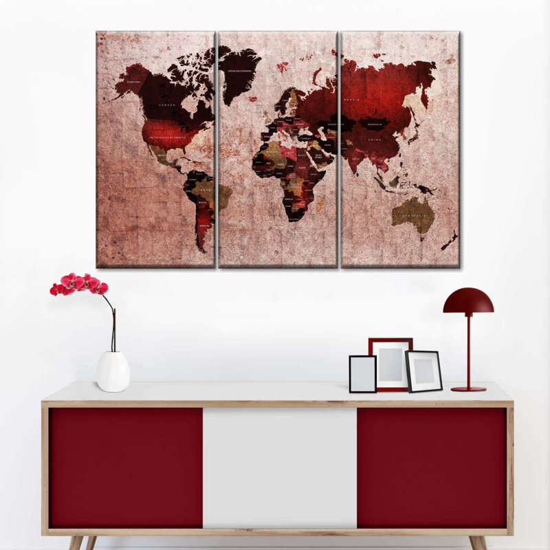 " Ruby World Map " 3 - Pieces, 24" H x 38" W x 1.25" D