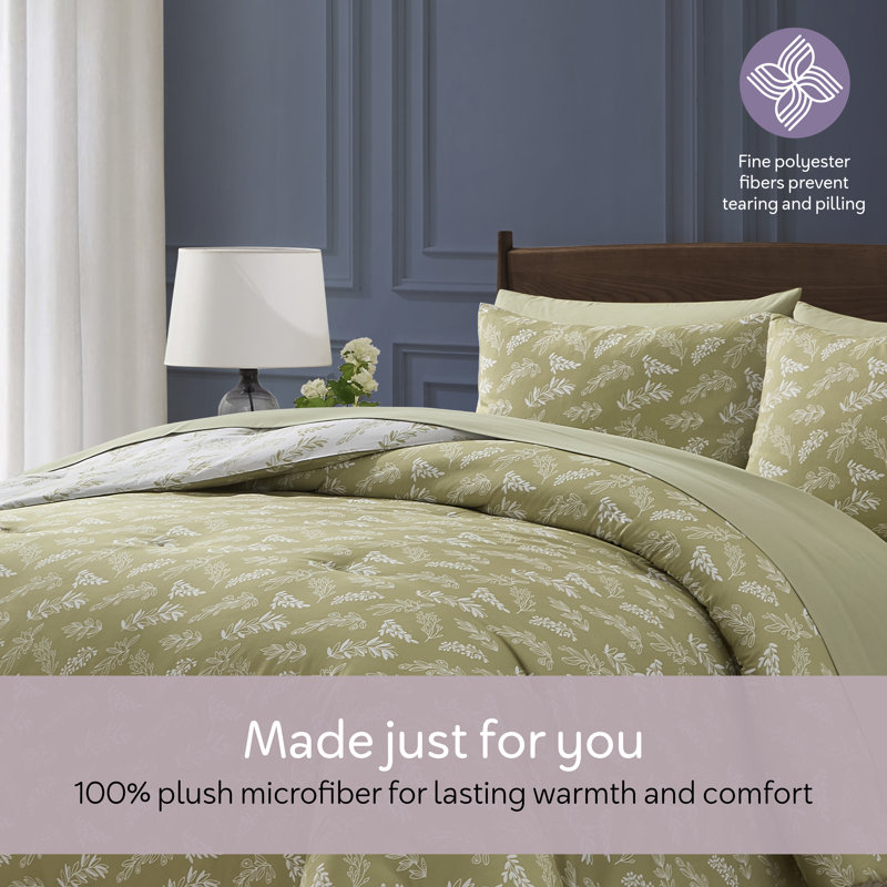 Nestl Botanical Bed in a Bag 7 piece Comforter Set with Sheets & Pillow Shams, Olive Grove/White
