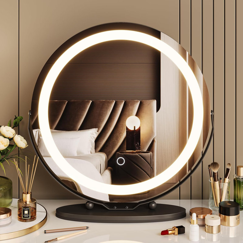 Miroir de salle de bain avec lumières DEL, nouveau miroir de maquillage à intensité variable 3 couleurs 2024 à commande tactile, miroir de bureau rond à rotation à 360 °