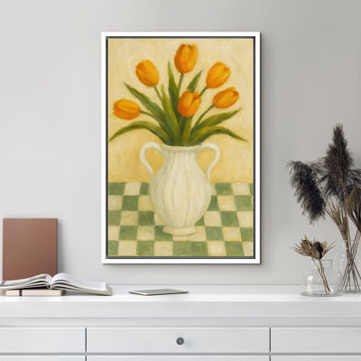 Yellow Tulips in White Vase on Checkered Tabletop – Pictures Framed Canvas Print Wall Art