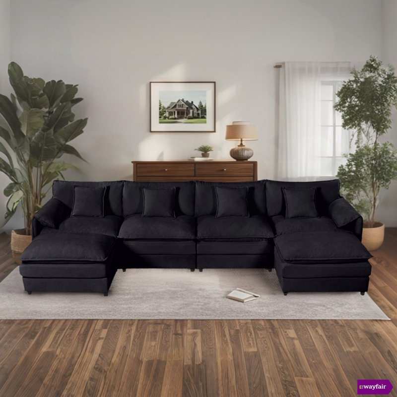 Nyerere 143.31"W Modern Chenille Comfy Modular Seat,Deep Seat Sectional Sofa Cloud Couch With Two Ottomans, Black Chenille