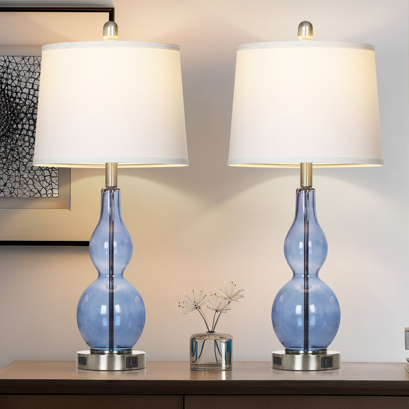 27.5" Coastal Blue Glass Table Lamp with Dimmable Touch Control & USB Ports