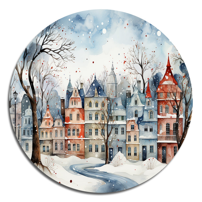 Village de Noël en hiver III - Paysages ronds, art en métal, H 29 po x l 29 po