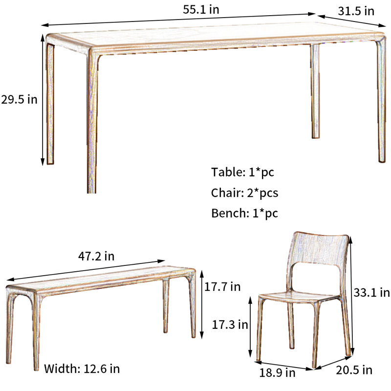 Ensemble de table de salle à manger en noyer noir, H 29,5 po x L 55,1 po x l 31,5 po