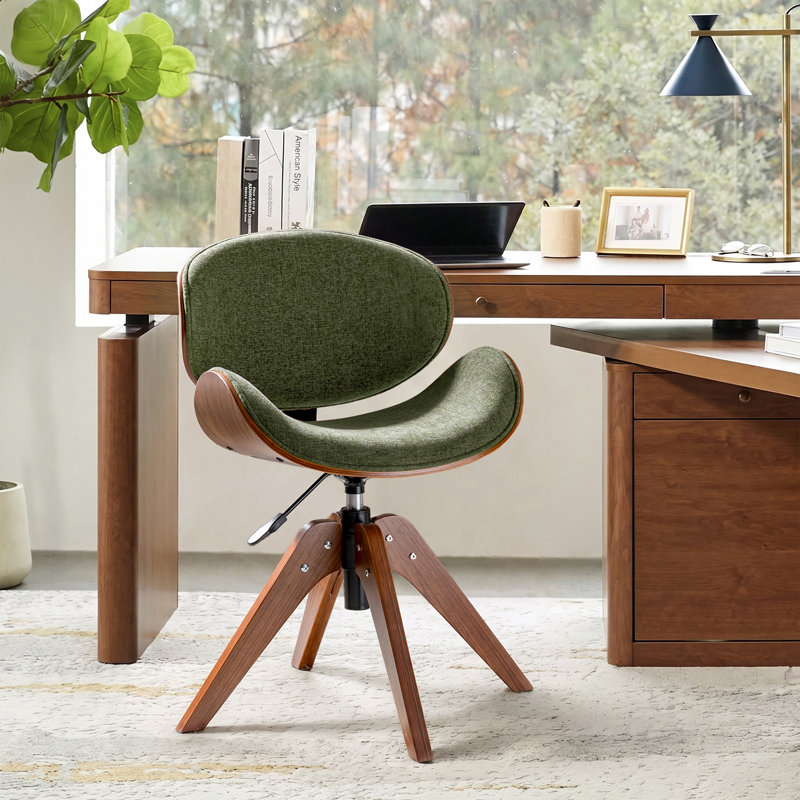 Chaise de bureau Oswina de style moderne du milieu du siècle, en tissu, avec structure en bois courbé et base pivotante.