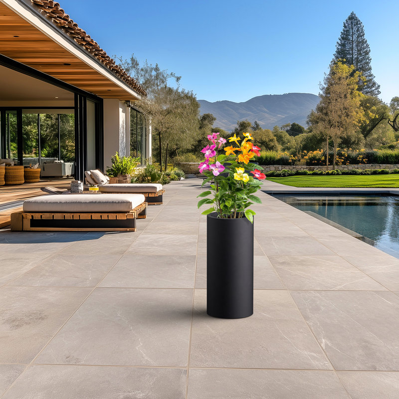 8.5 In. Large Charcoal Black(Premium Inner) Concrete Round Planter / Pot With Drainage Holes