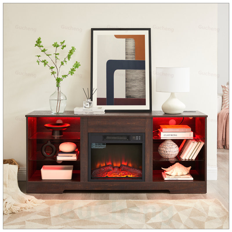 Meuble télé avec foyer électrique, tablettes en verre, lumières DEL et charge USB, centre de table de télévision moderne