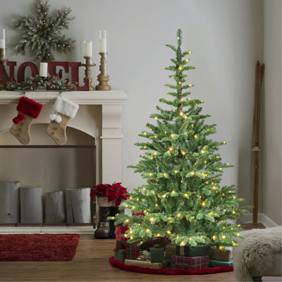 Arbre de Noël illuminé 7 pi avec 400 lumières DEL blanc chaud, 941 pointes PE + PVC, aspect réaliste en couches, base en bois unique - arbre de Noël artificiel complet pour la décoration intérieure